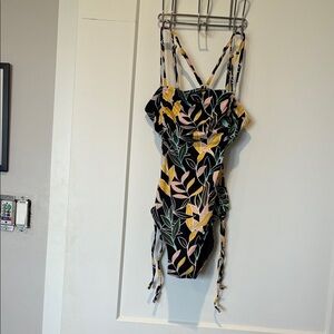 La Vie En Rose Black One-Piece Swimsuit with Pink & Yellow Leaf Print. B17